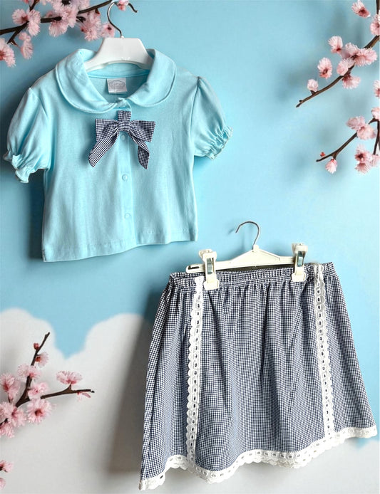 Casual Baby Girl Cotton Top Checkered Skirt Dress-Sky Blue