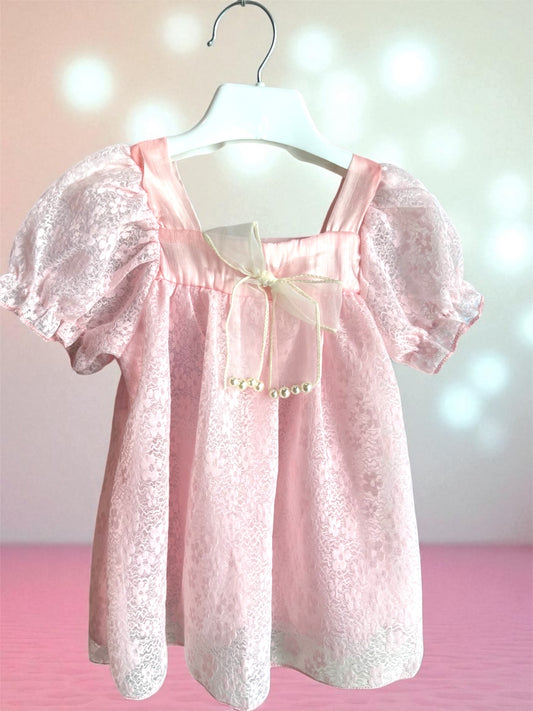 Semi Party Casual Baby Girl Frock Dress Pink Front Ribbon Bow