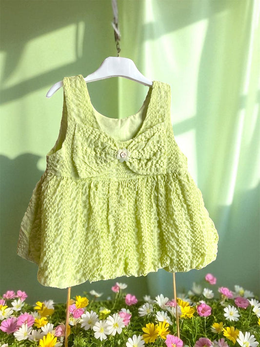 Semi Casual Baby Girl Crinkle Ballon Frock Dress Solid Lime Bow