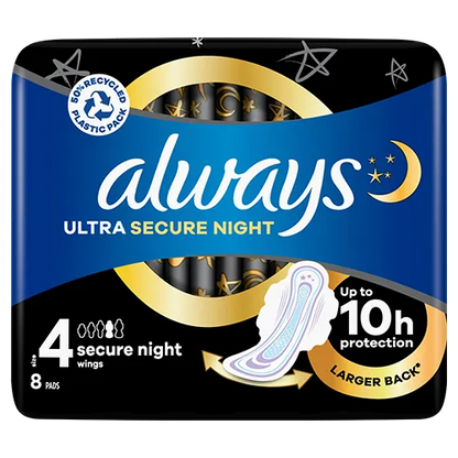 Always Ultra Secure Night (Size 4) Sanitary Pads With Wings 8 Pack