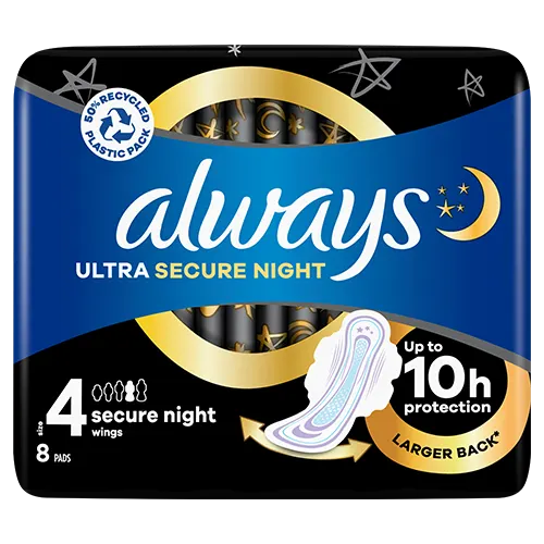 Always Ultra Secure Night (Size 4) Sanitary Pads With Wings 8 Pack