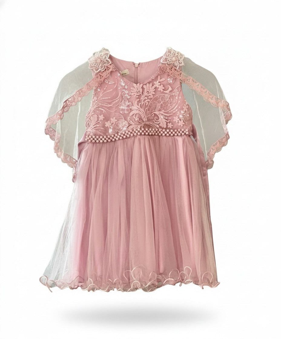 Baby Enchanted Rose Party Dress with Lace Cape- Pink (4-5Y)