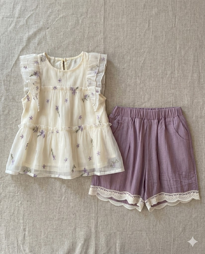 Baby Girl Lavender Floral Embroidered Peplum Set (4-7Y)