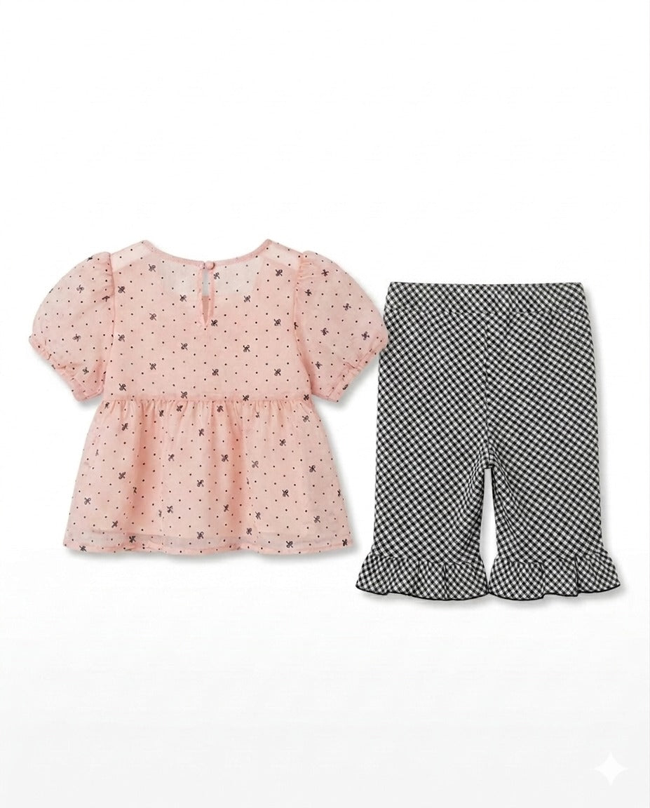 Baby Girl Pastel Pink Puff-Sleeve & Gingham Co-ord Set