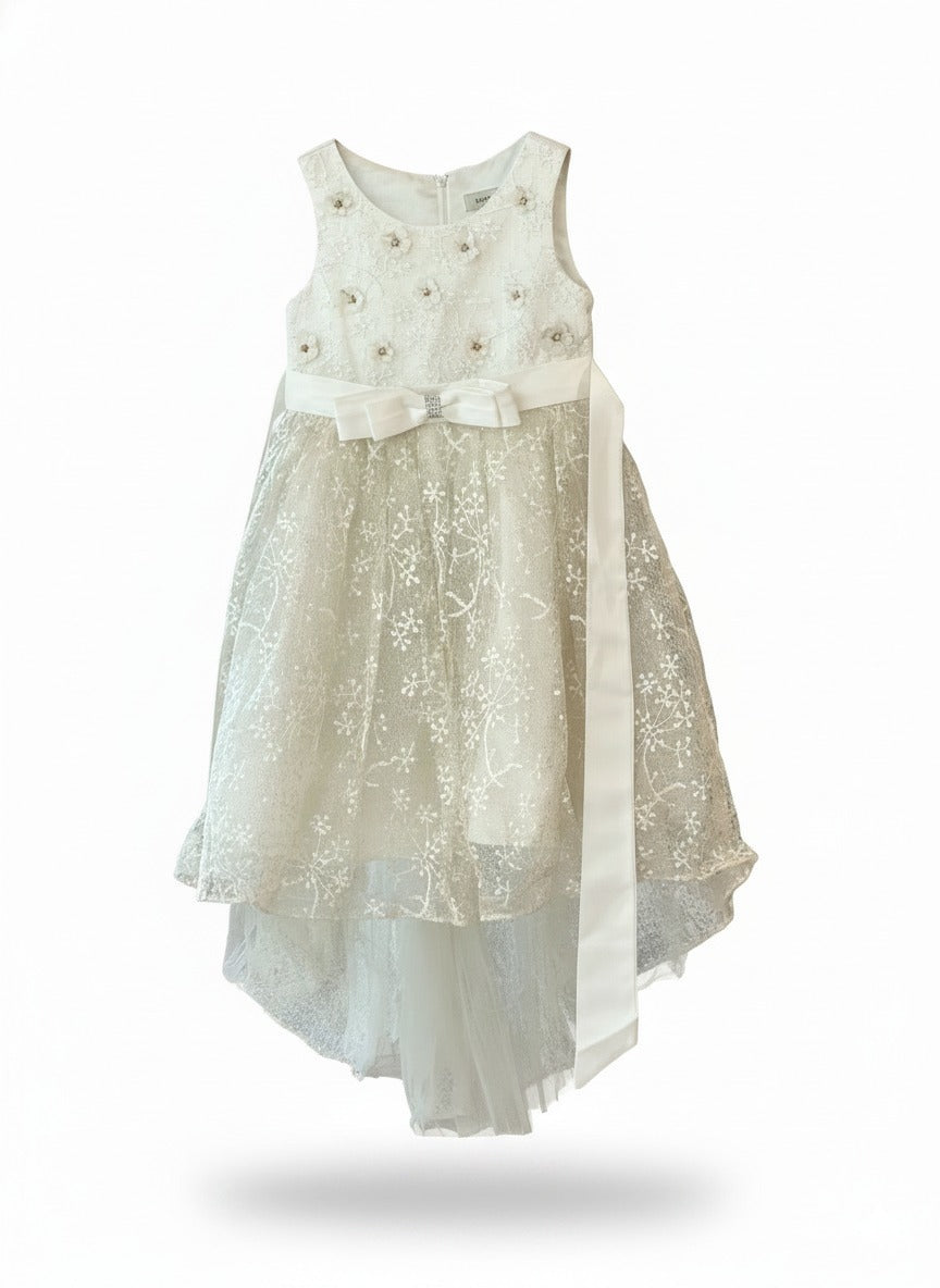 Baby High-Low Floral Embroidery Party Gown- White