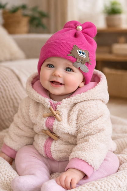 Baby Knitted/Woolen Cap- Purple Cat Patch (0-6m)