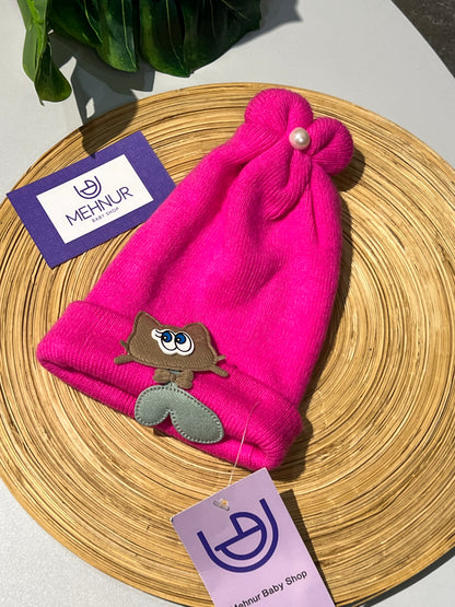 Baby Knitted/Woolen Cap- Purple Cat Patch (0-6m)