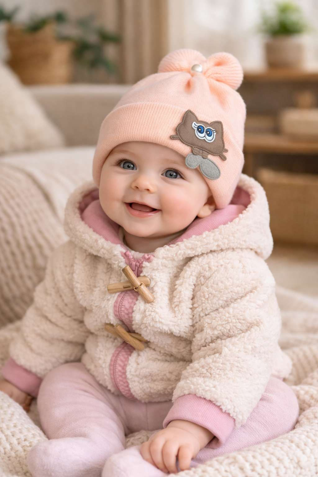 Baby Knitted Woolen Cap- Cream Cat Patch (0-6m)