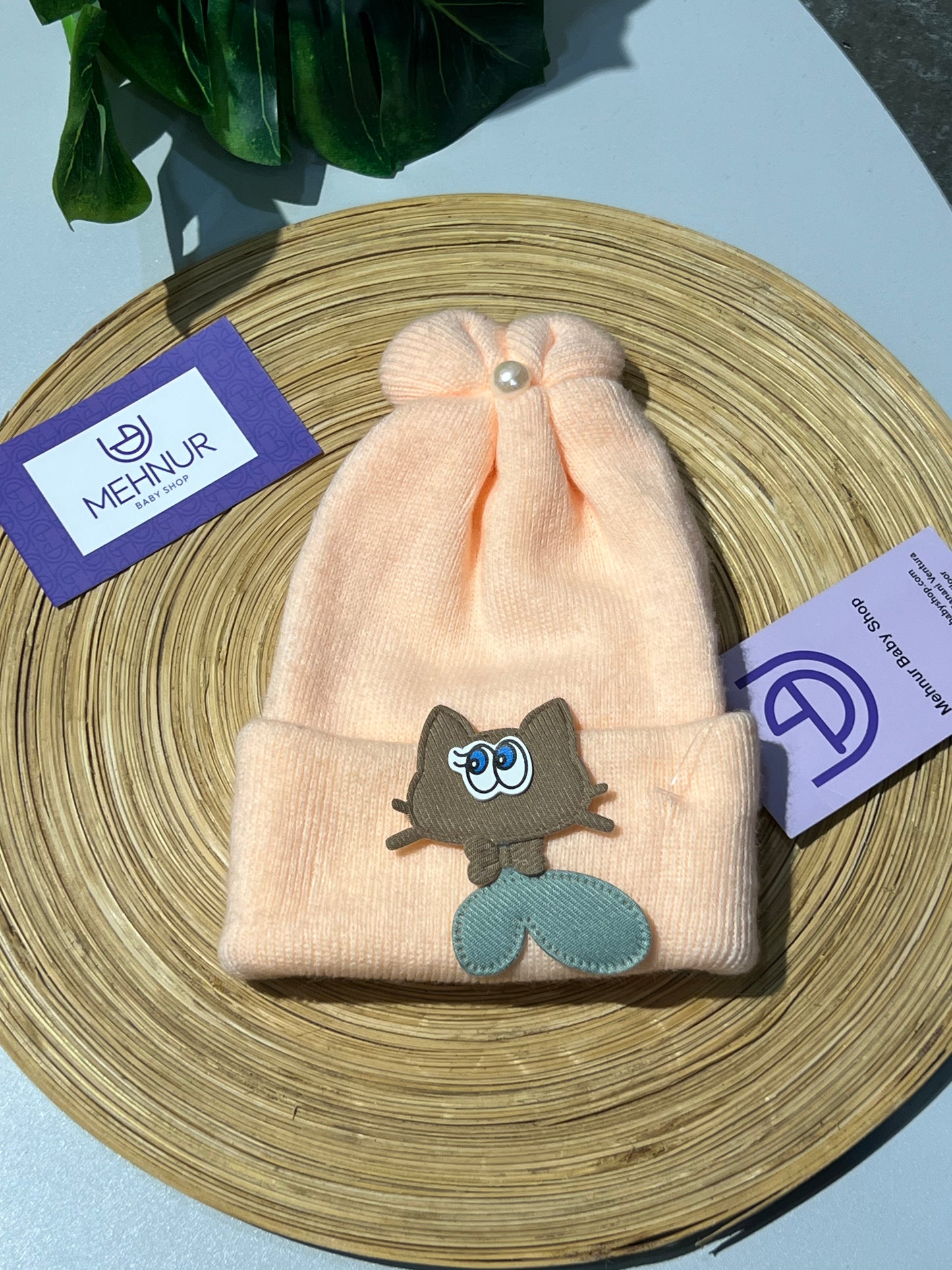 Baby Knitted Woolen Cap- Cream Cat Patch (0-6m)