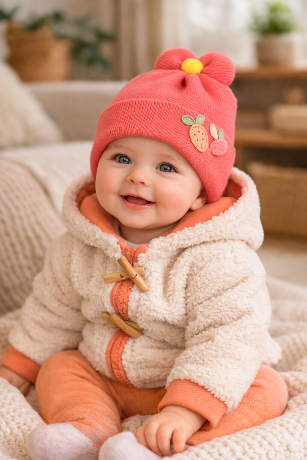Baby Knitted/Woolen Cap- Peach (0-6m)
