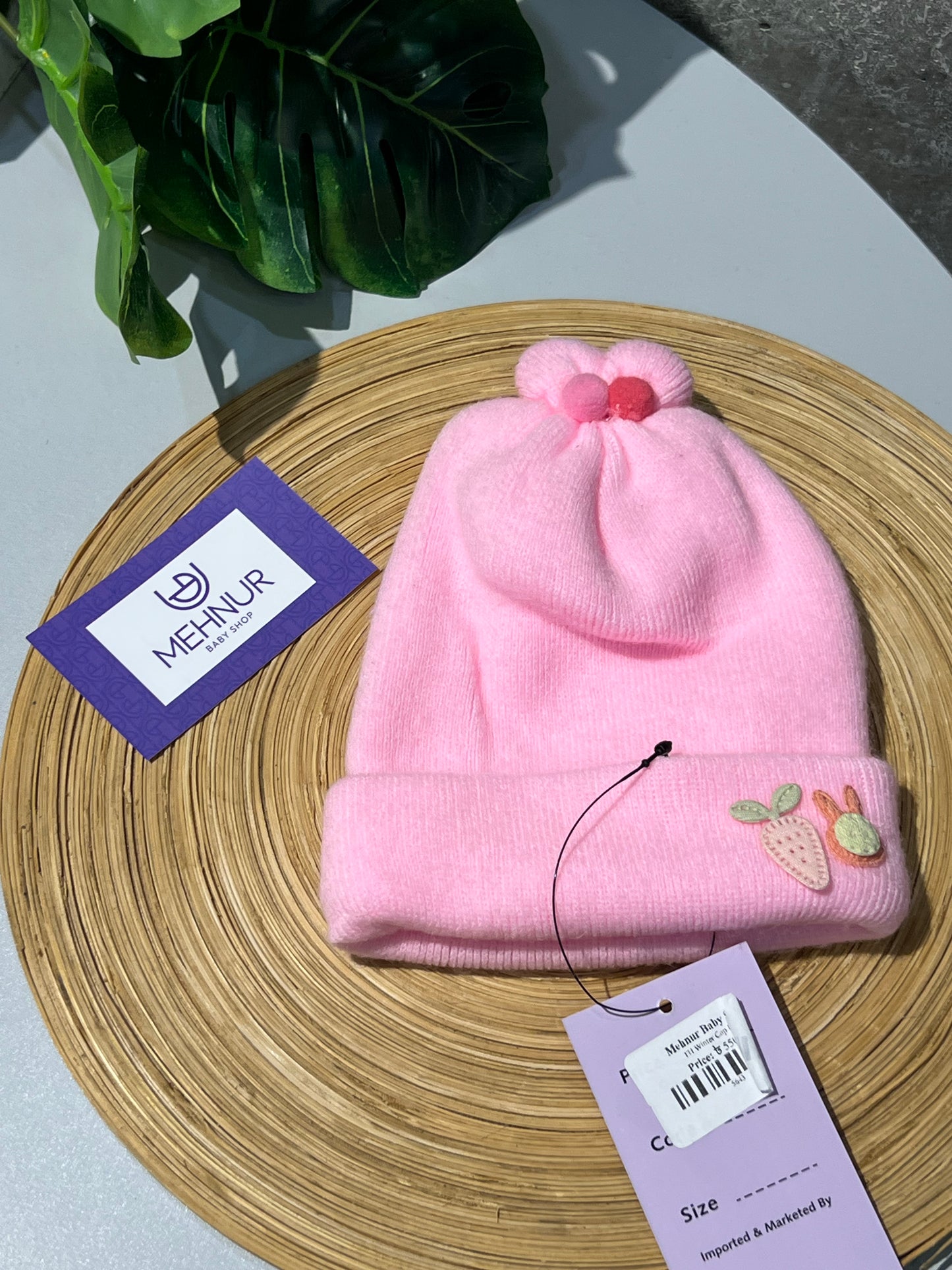 Baby Knitted/Woolen Cap- Pink (0-6m)