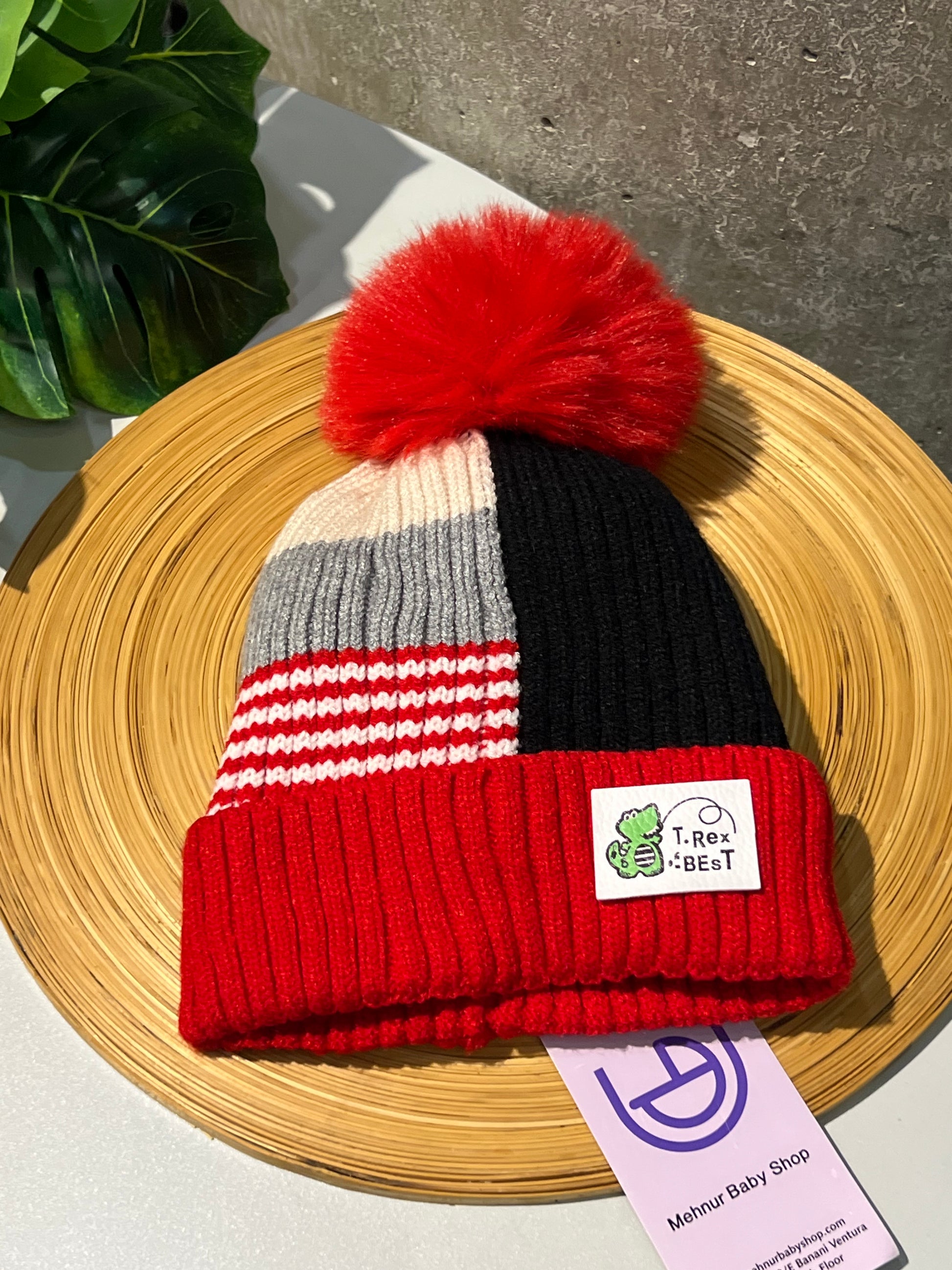 Baby Woolen Beanie Cap-Red Black (6m-3y)