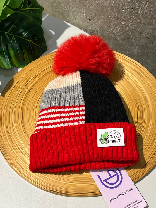 Baby Woolen Beanie Cap-Red Black (6m-3y)