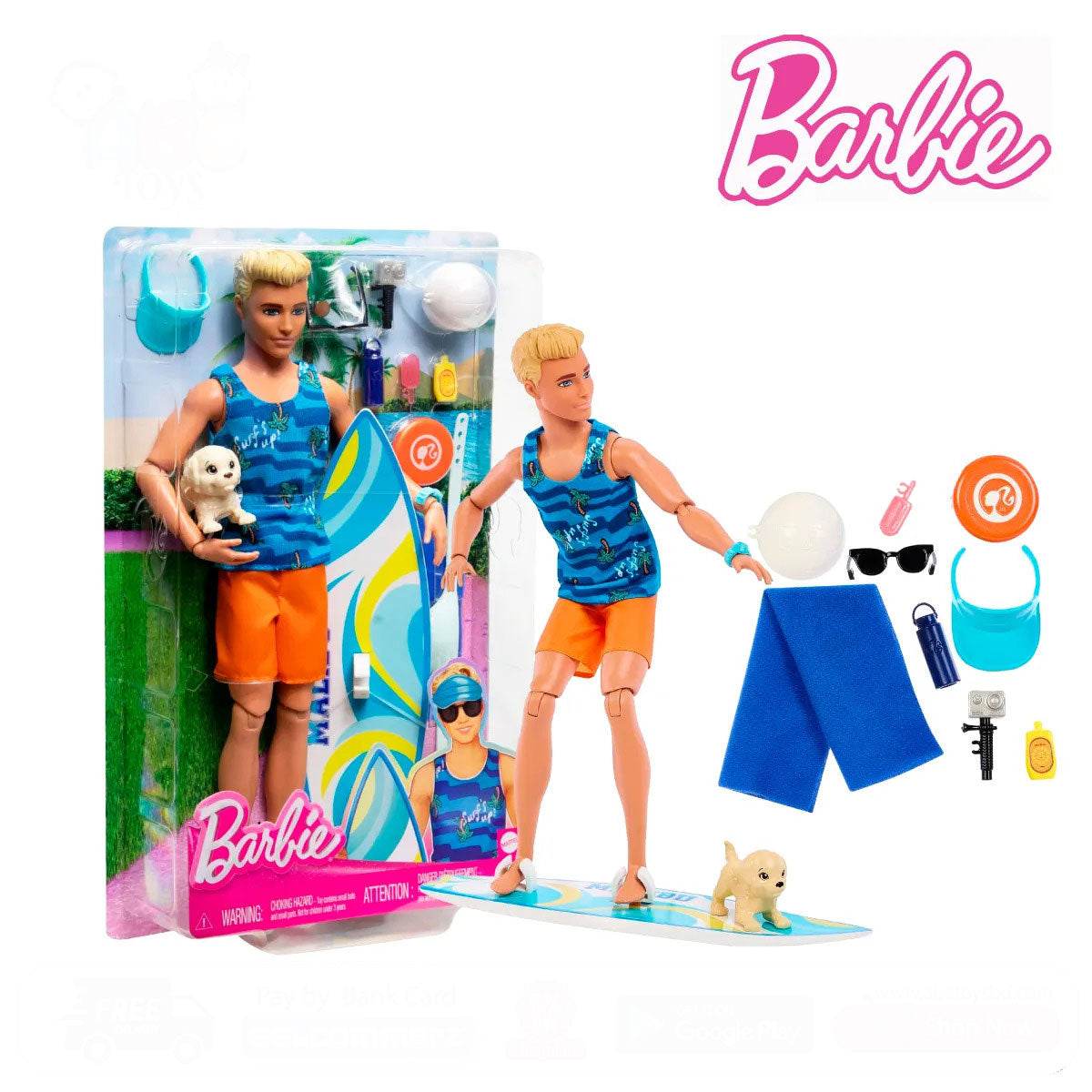 Barbie HPT50 Ken Surfboard Set, Dress-Up Doll