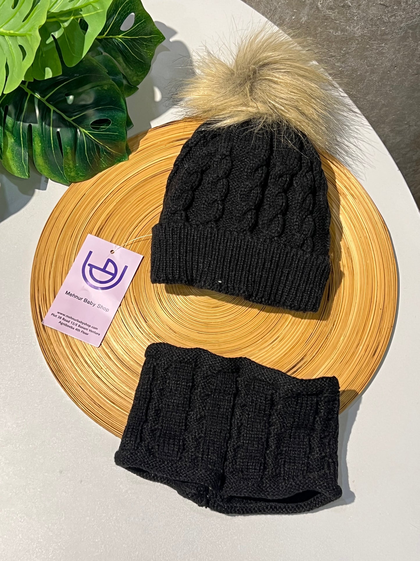 Black Cable Knit Beanie & Neck Warmer Set (1y-5y)