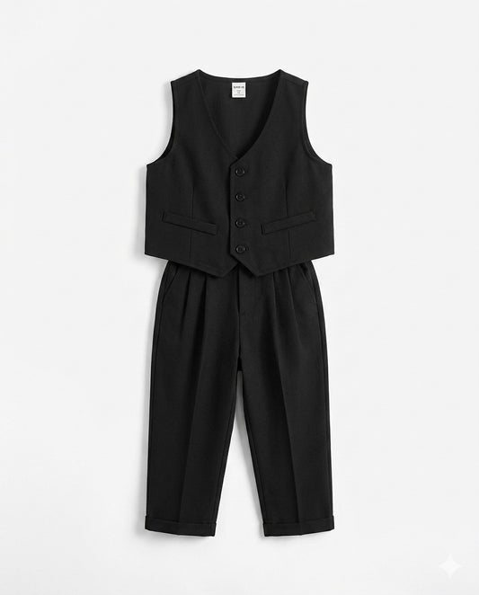 Boy's 2-Piece Formal Waistcoat and Trousers Set- Black