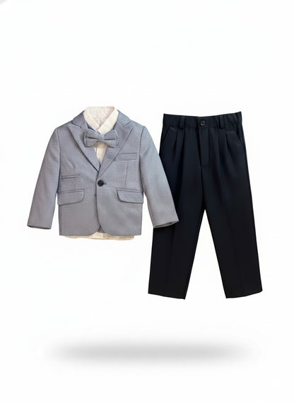 Boy's 4-Piece Premium Plaid Blazer Suit Set- Grey & Black