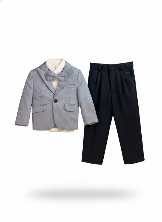 Boy's 4-Piece Premium Plaid Blazer Suit Set- Grey & Black