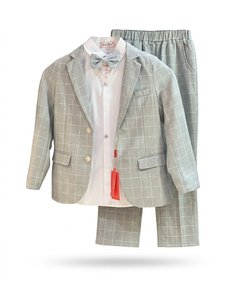 Boy's 4-Piece Premium Plaid Blazer Suit Set- Grey & White
