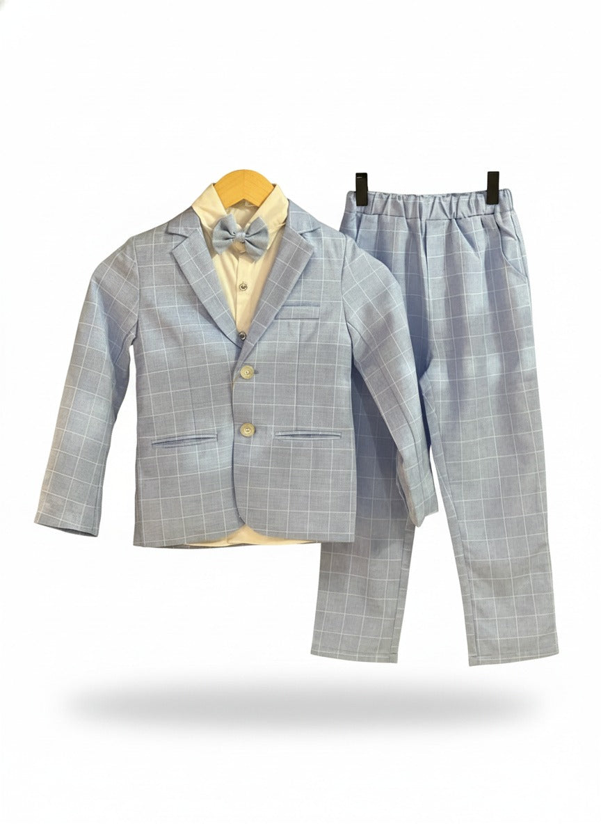 Boy's 4-Piece Premium Plaid Blazer Suit Set- Light Blue & White