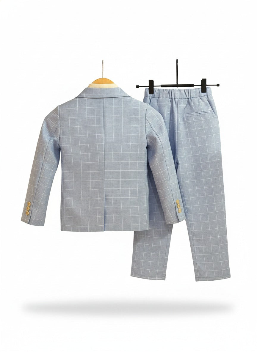Boy's 4-Piece Premium Plaid Blazer Suit Set- Light Blue & White