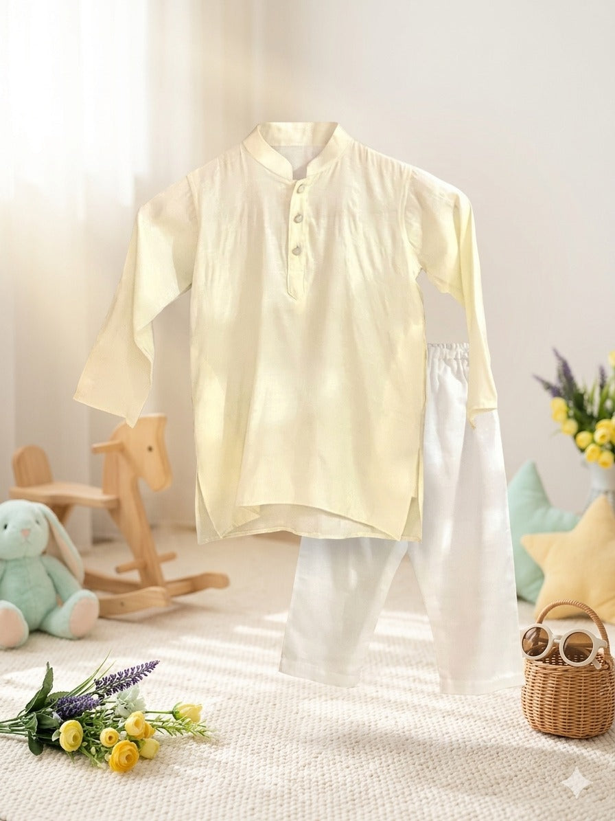 Boy's Classic Premium Cotton Panjabi & Pajama Set- Cream & White