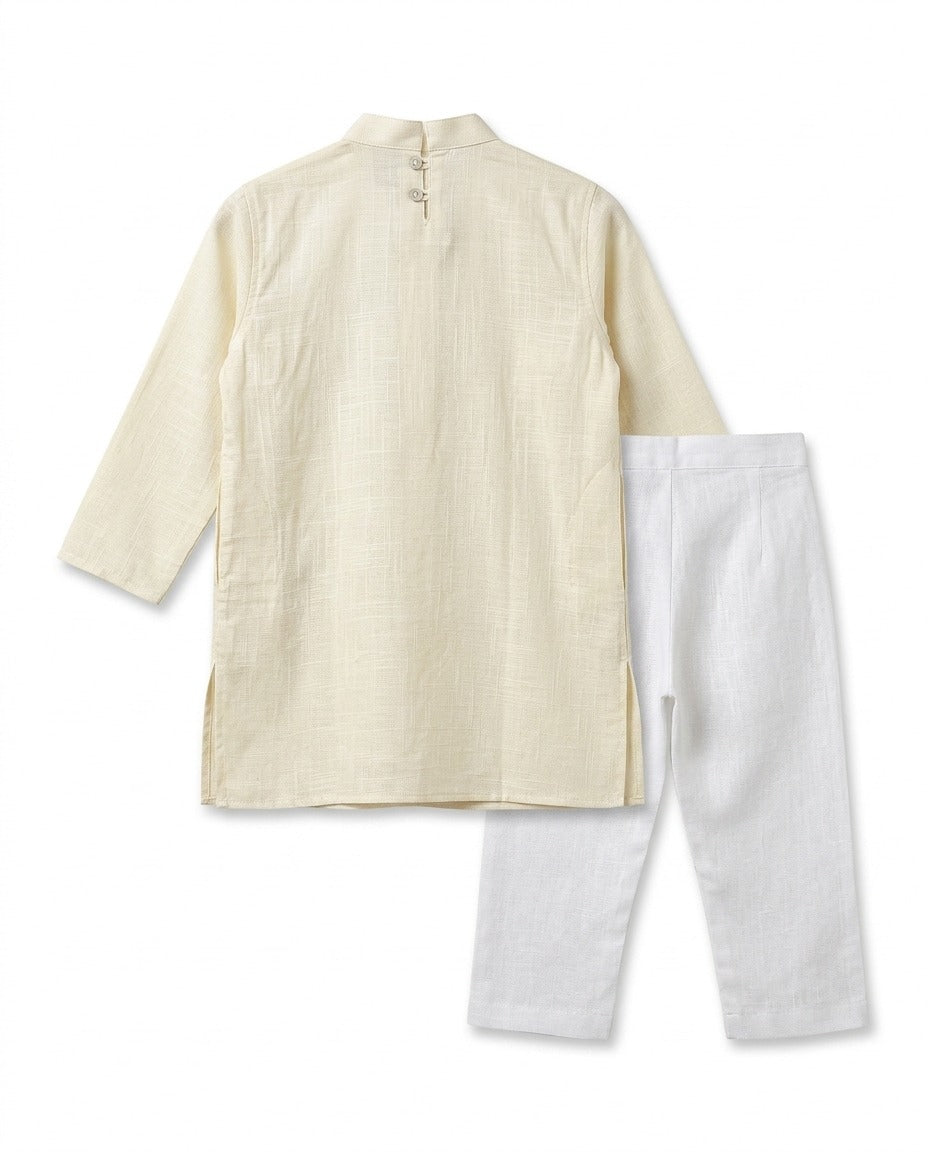 Boy's Classic Premium Cotton Panjabi & Pajama Set- Cream & White