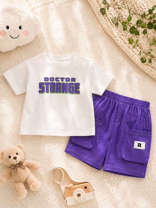 Boys Doctor Strange Printed T-Shirt with Purple Shorts Set