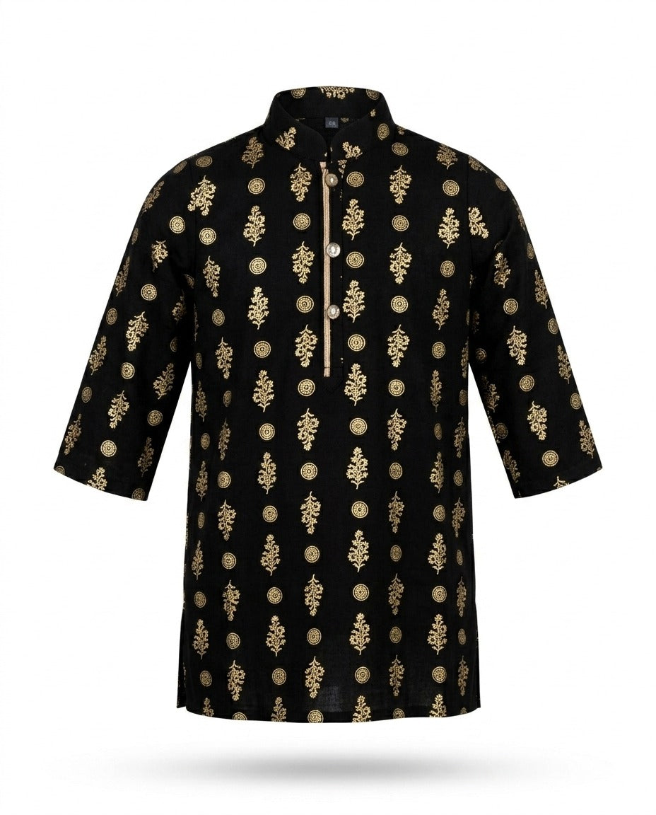 Boys' Premium Black & Gold Block Printed Festive Panjabi