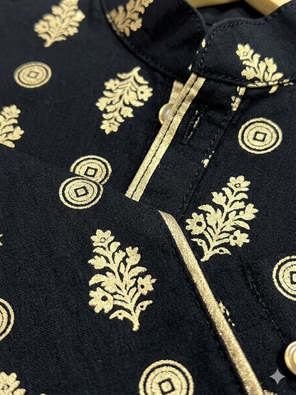 Boys' Premium Black & Gold Block Printed Festive Panjabi