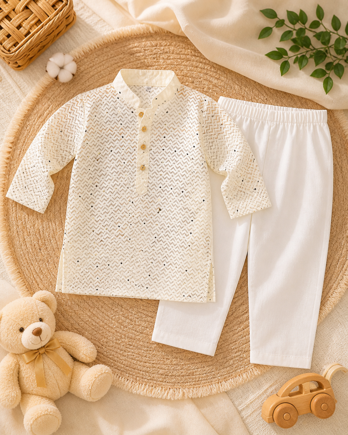 Boys' Textured Ethnic Set - Cream Pattern (2-3Y)