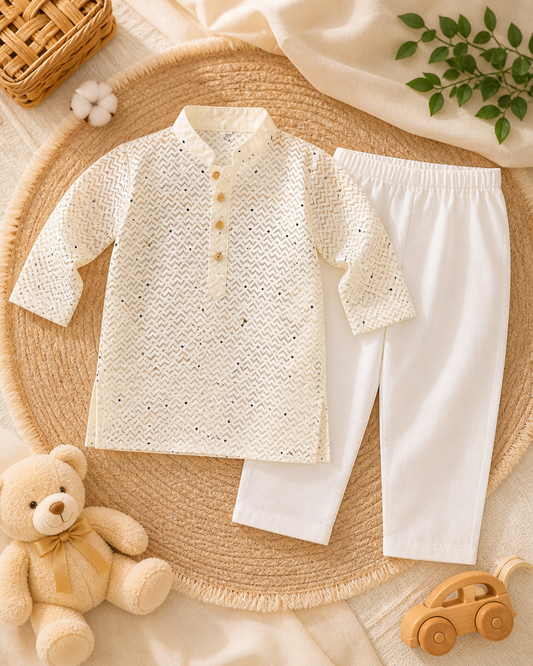 Boys' Textured Ethnic Set - Cream Pattern (2-3Y)