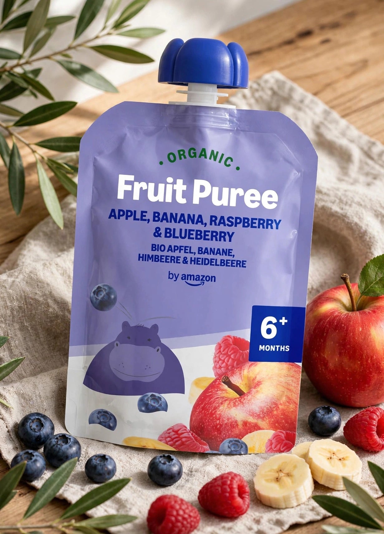 By Amazon Organic Fruit Puree Apple, Banana, Raspberry & Blueberry 90g (6m+)