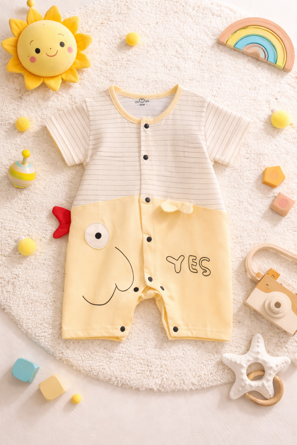 Baby Fish Print Romper Soft Cotton Summer Onesie-Yellow & Stripe