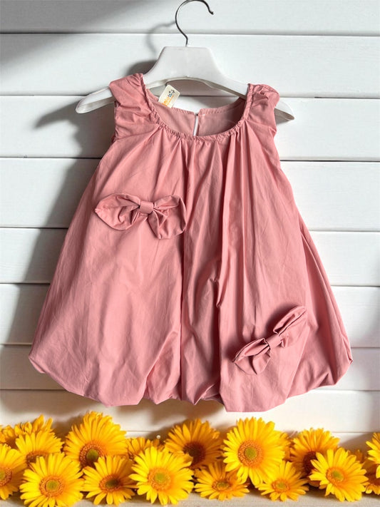Semi Casual Baby Girl Cotton Ballon Frock Dress Solid Pink Bow