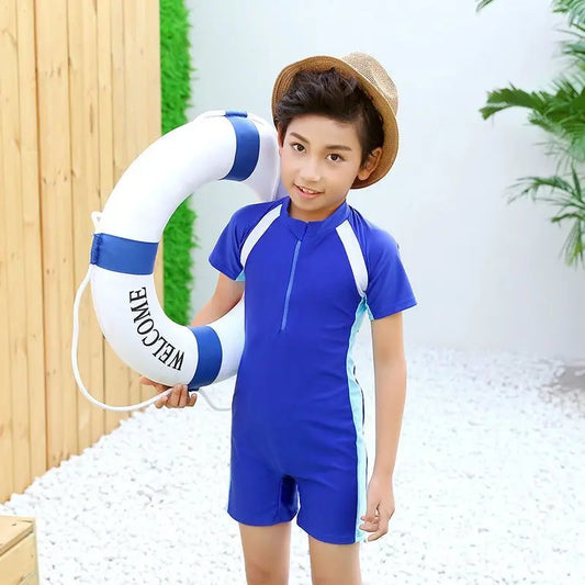 Children's One Piece Half Sleeves Swimwear- Blue (3Y to 6Y)