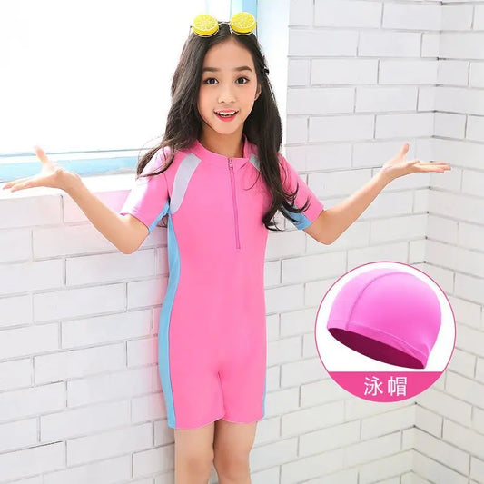 Children's One Piece Half Sleeves Swimwear- Pink (3Y to 6Y)