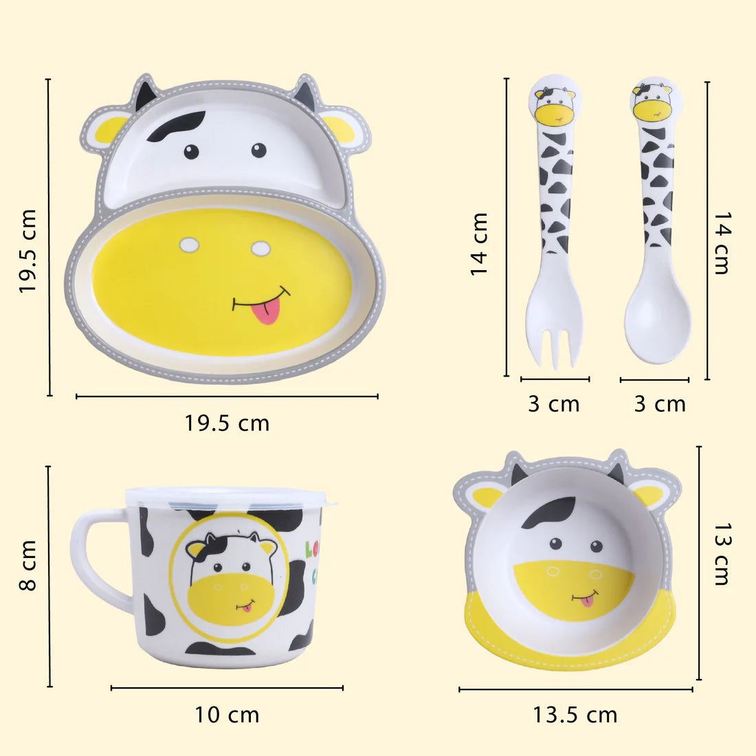 Cute Cow Bamboo Fiber Children's 5 Piece Tableware / Dinner Set