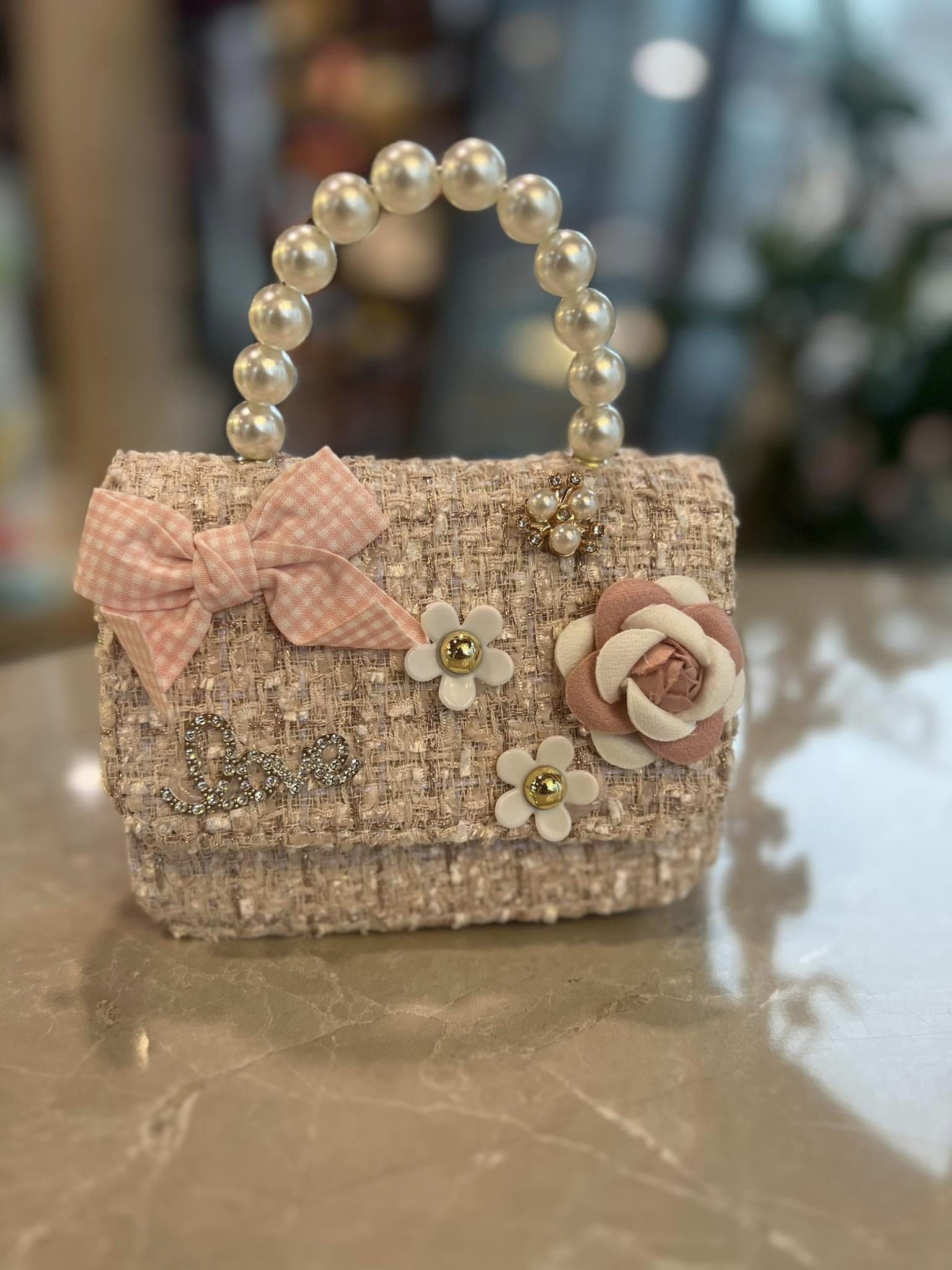 Cute Girls Faux Pearl & Bow Decor Mini Handbag