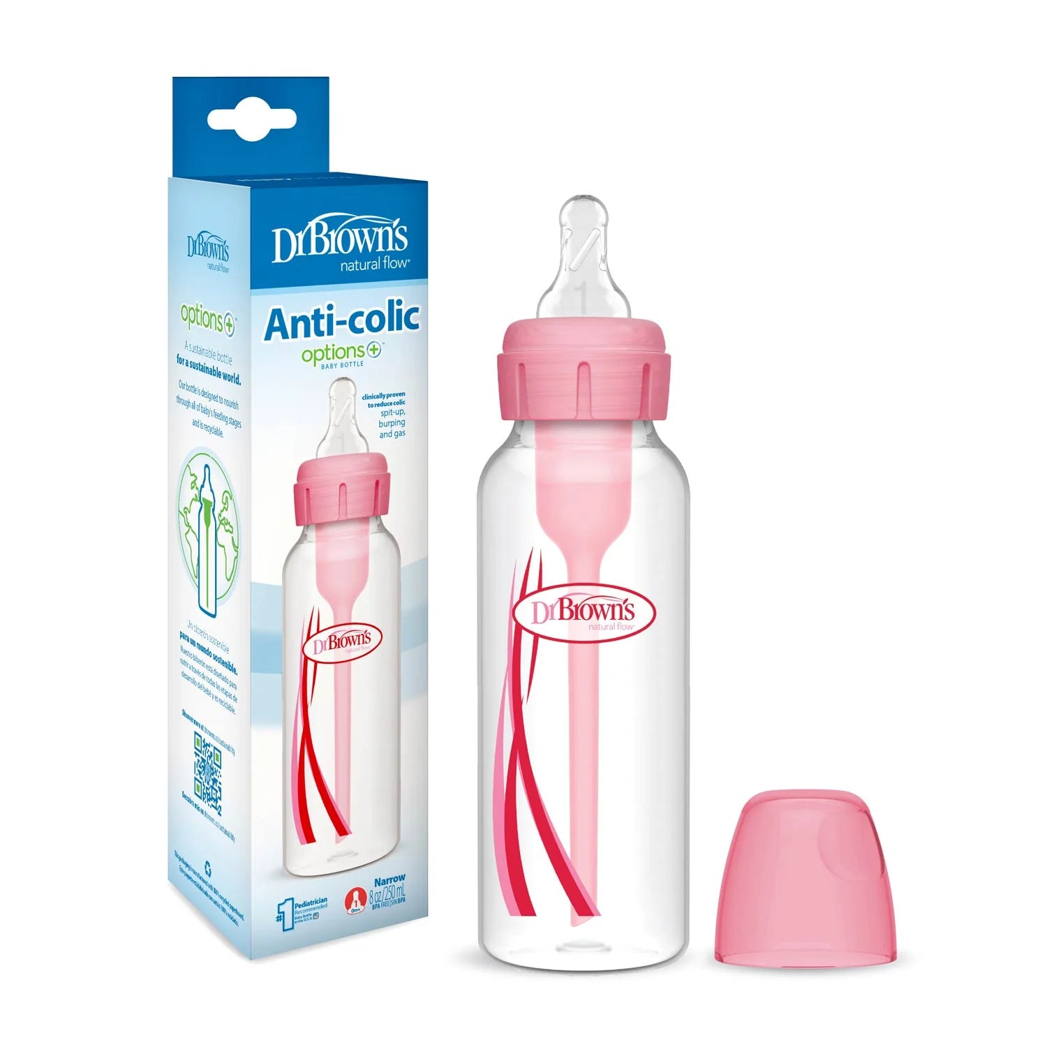 Dr. Brown's Options+ Anti-Colic Narrow Bottle Level 1 (0m+) 250ml- Pink