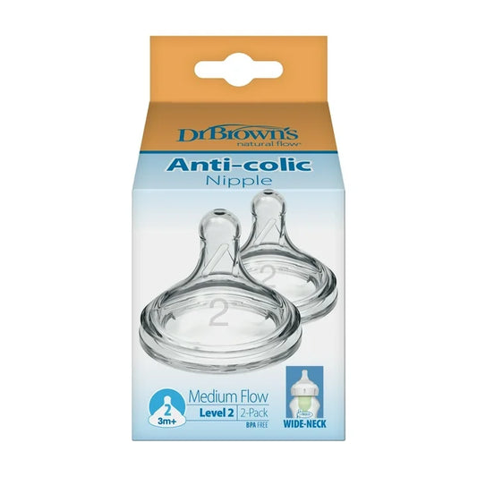 Dr Brown's Anti Colic Wide Neck Teats Medium Flow (3m+) Level 2- 2 Pcs