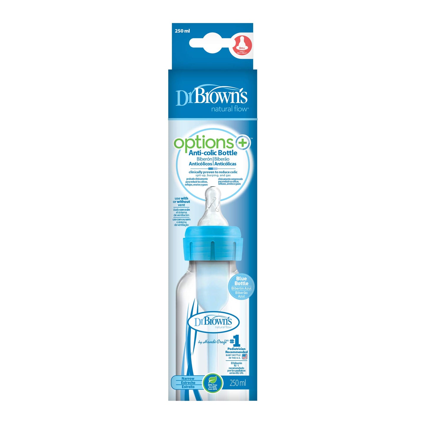 Dr Brown's Options+ Anti-Colic Feeding Bottle Level 1 (0m+) 250ml- Blue