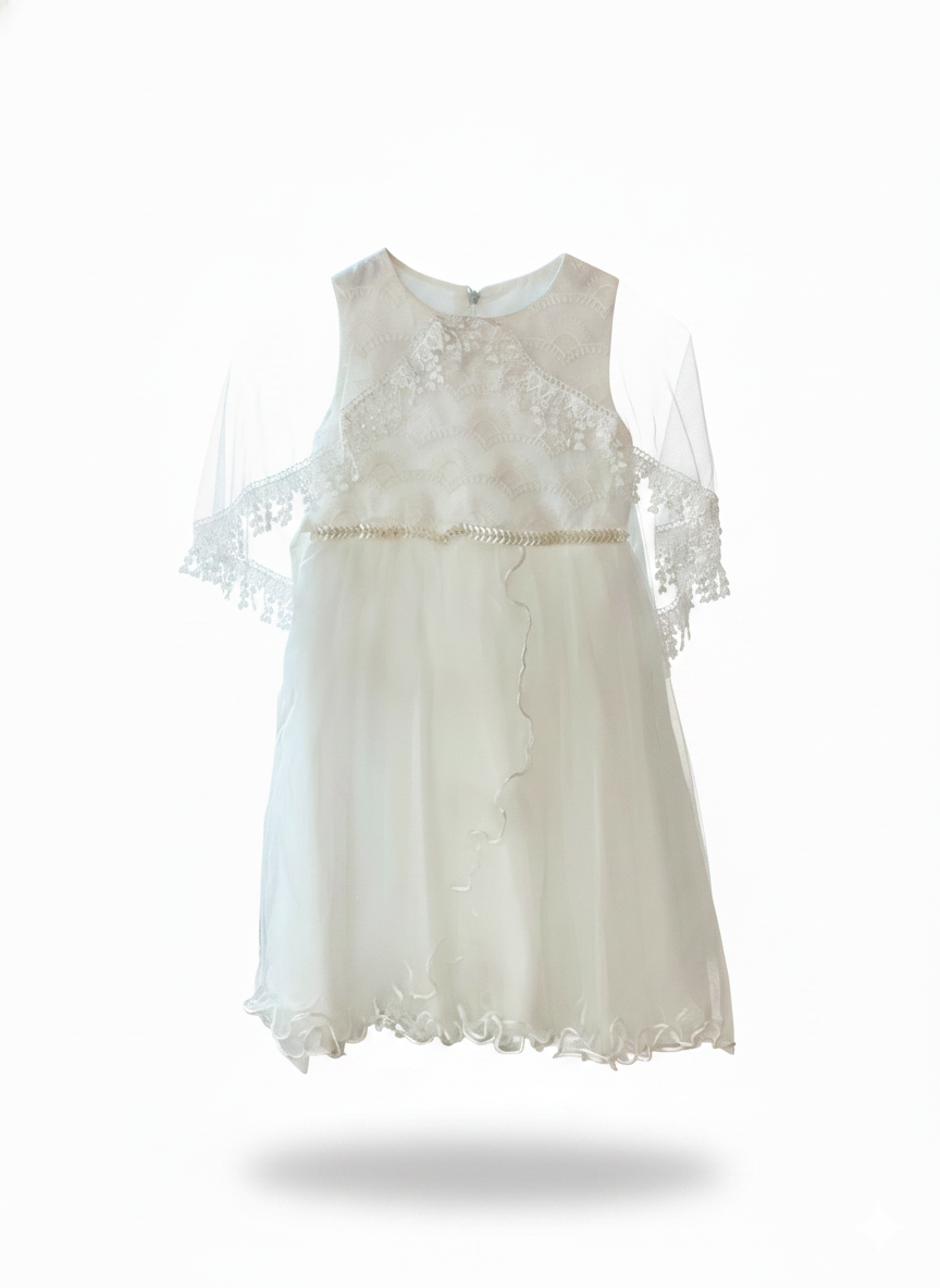 Elegant White Lace Party Dress with Cape Sleeves (PRM) 5-6Y