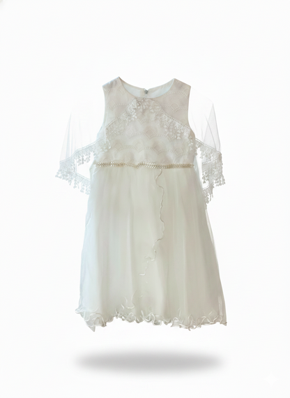 Elegant White Lace Party Dress with Cape Sleeves (PRM) 5-6Y