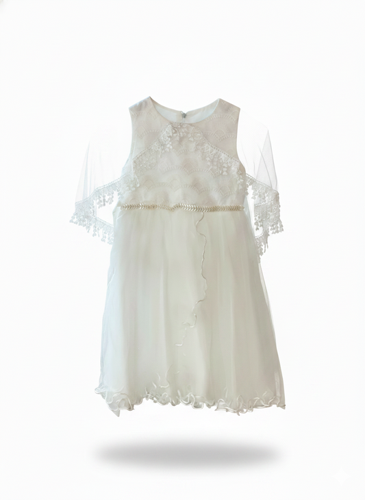 Elegant White Lace Party Dress with Cape Sleeves (PRM) 5-6Y