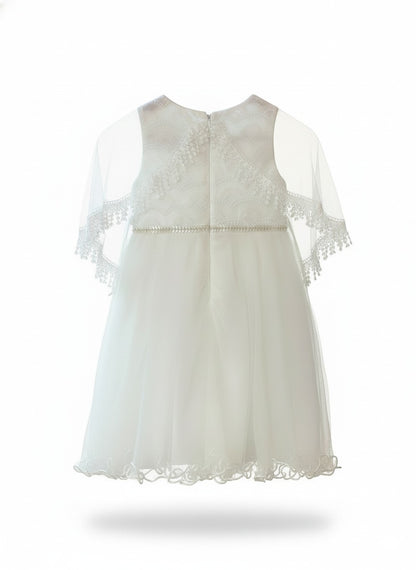 Elegant White Lace Party Dress with Cape Sleeves (PRM) 5-6Y