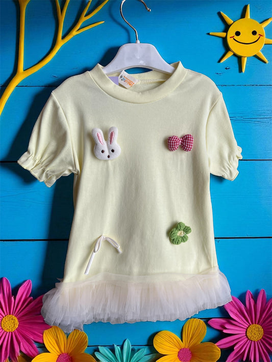 Baby Girl Cotton Frock Dress Lower Net-Light Yellow
