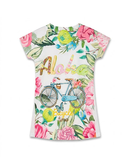 Girl's "Aloha Bicycle Time" Floral Print Cotton Top - White (3-4Y)