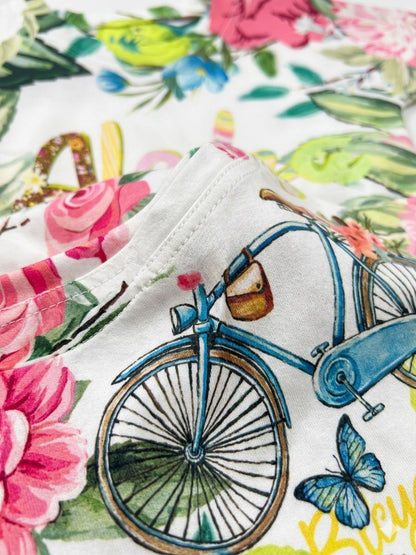 Girl's "Aloha Bicycle Time" Floral Print Cotton Top - White (3-4Y)