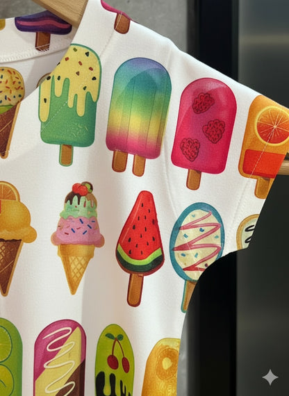 Girl's Colorful Ice-Cream & Popsicle Print Cotton Top - White (3-4Y)